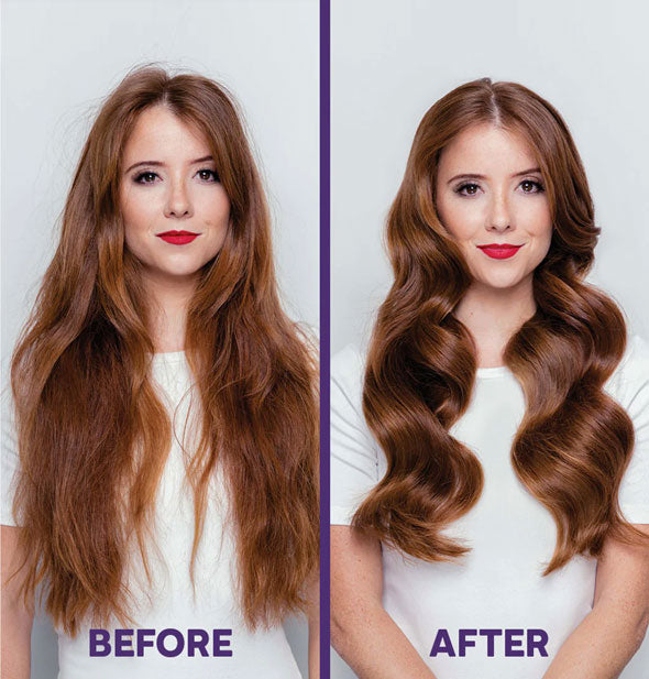 Model before and after styling hair with ColorProof Moisture Styling Ctème