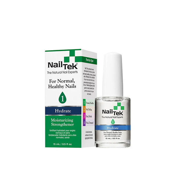 Box and half-ounce bottle of Nail Tek Moisturizing Strengthener 1 for normal, healthy nails