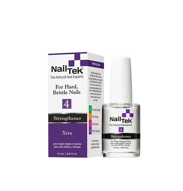 Box and half-ounce bottle of Nail Tek Xtra Strengthener 4 for hard, brittle nails