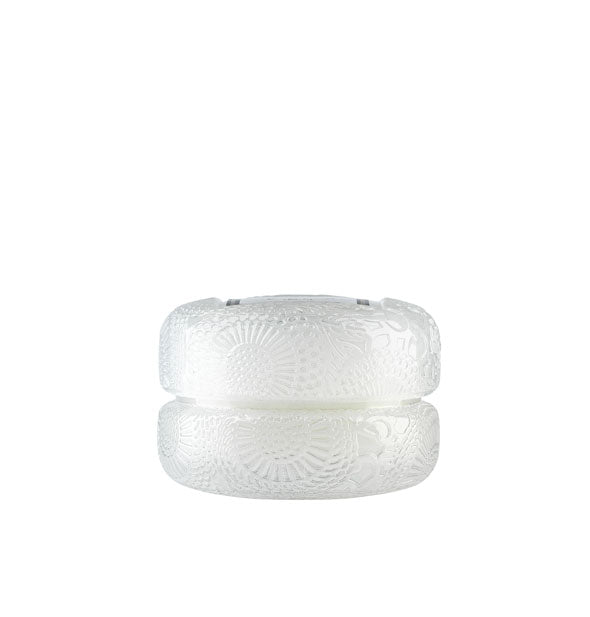 White frosted embossed glass macaron-style candle jar with lid