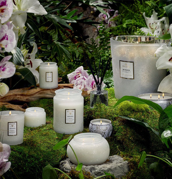 An assortment of white Mokara Voluspa candles are staged with orchids on a mossy, botanical backdrop