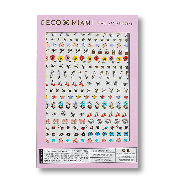 Pack of Deco Miami Nail Art Stickers with safety pins, padlocks, flowers, cherries, flowers, and other designs