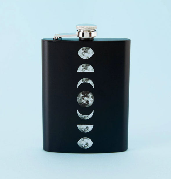 Rectangular black flask with steel cap features images of moon phases down the center