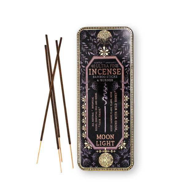Rectangular tin of 40 Ultra Fine Incense Bamboo Sticks & Burner in Moon Light scent with some sticks removed