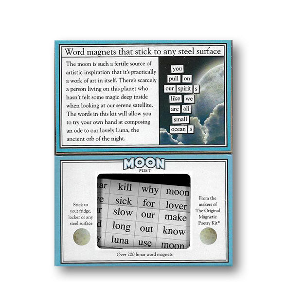 Moon Poet by Magnetic Poetry Kit box interior shows some sample word tiles