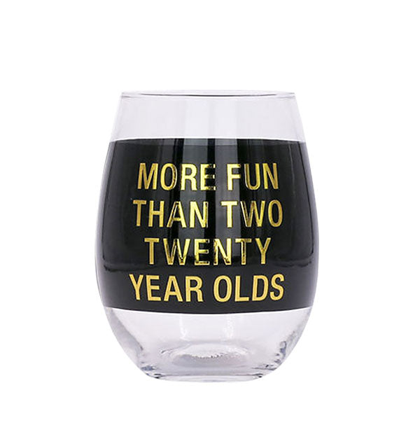 Stemless wine glass with black color band and shiny gold lettering