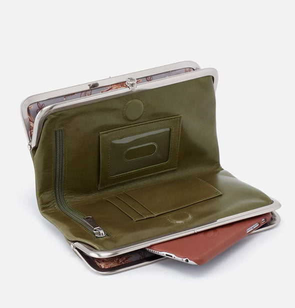 Olive green leather wallet shown open to reveal interior storage pockets