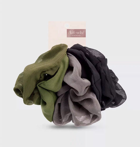 Set of five Kitsch hair scrunchies in green, gray, and black crepe fabrics