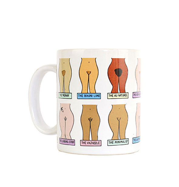 White coffee mug featuring illustrated diagrams of types of pubic hair
