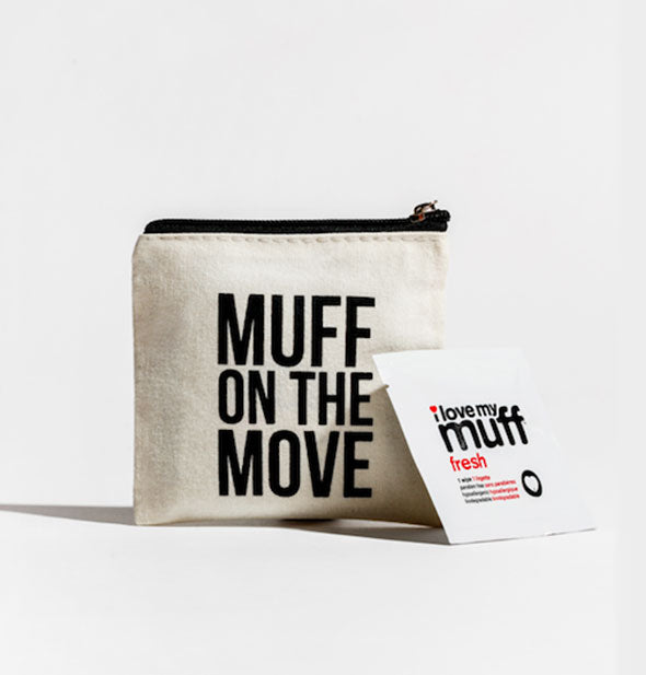 The Muff on the Move pouch by I Love My Muff with sample packet shown