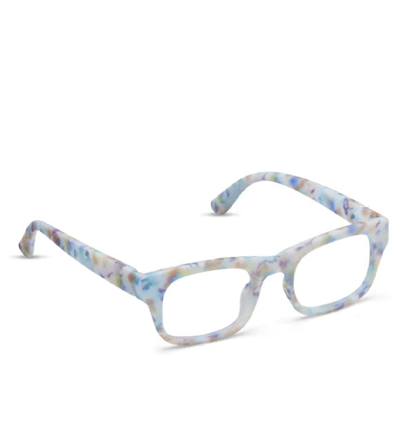 Pair of whitish reading glasses with multicolored pastel flecks throughout the frame and a square shape