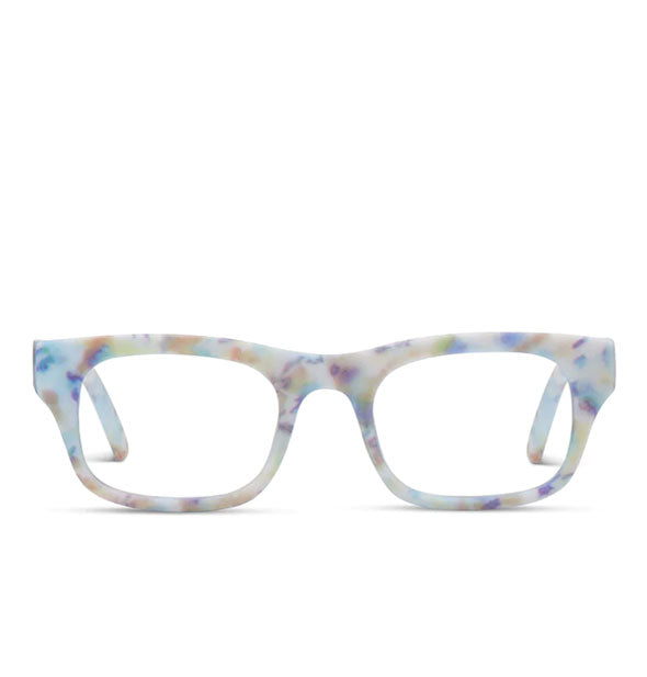 Pair of whitish reading glasses with multicolored pastel flecks throughout the frame and a square shape