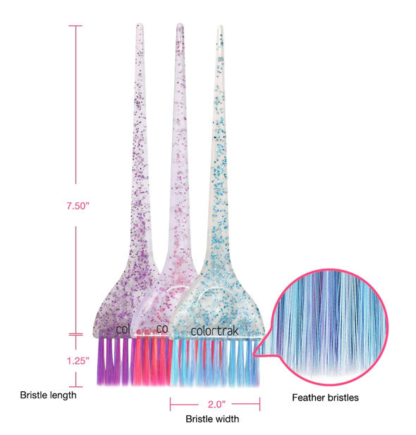 Diagram illustrates dimensions and feather bristle texture of the Colours glitter brushes by ColorTrak