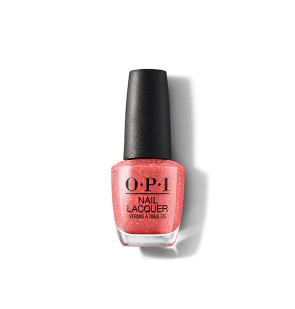 Bottle of OPI Nail Lacquer in a coral shade with gold flecks throughout
