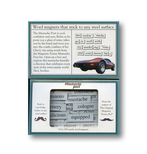 Mustache Poet by Magnetic Poetry Kit box interior shows some word tile samples