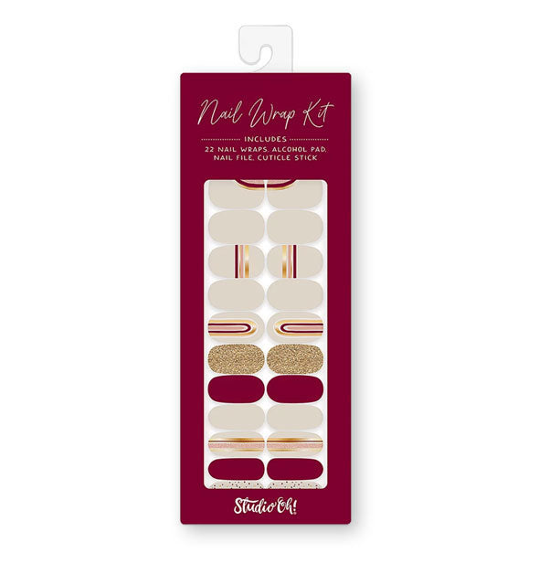 Nail Wrap Kit by Studio Oh! features muted rainbow, gold, and dark red designs