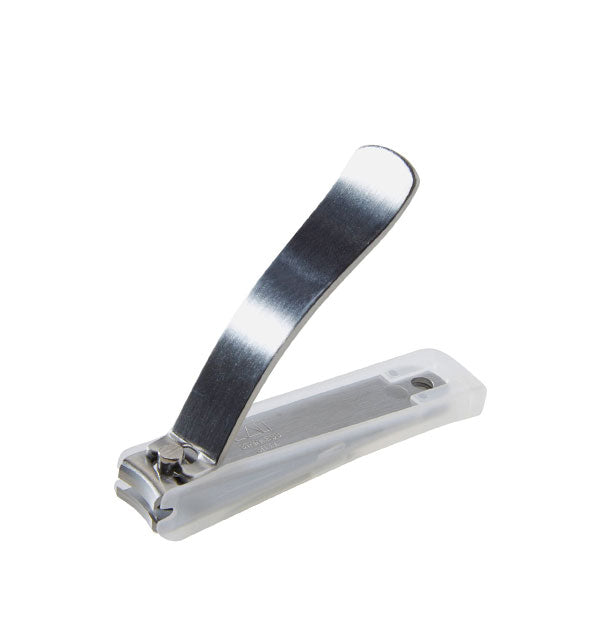 Pair of stainless steel nail clippers with plastic catcher attachment