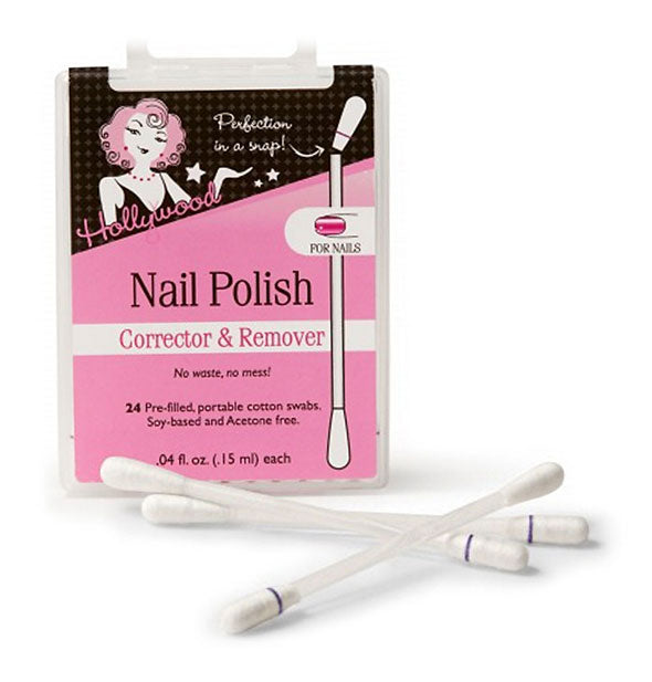 Pink and black pack of Hollywood Nail Polish Corrector & Remover sticks with some removed and placed in the foreground