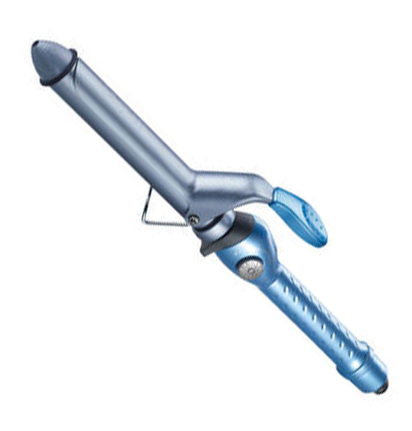 Curling iron with gray 1.25-inch barrel and blue handle