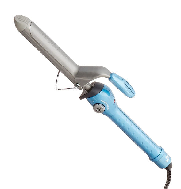 Curling iron with gray 1-inch barrel and blue handle