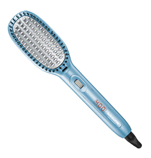 Electric thermal paddle brush with blue body, silver details, and red digital numeric readout