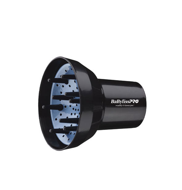 Round black and blue BaBylissPRO hair dryer diffuser with prongs on the interior