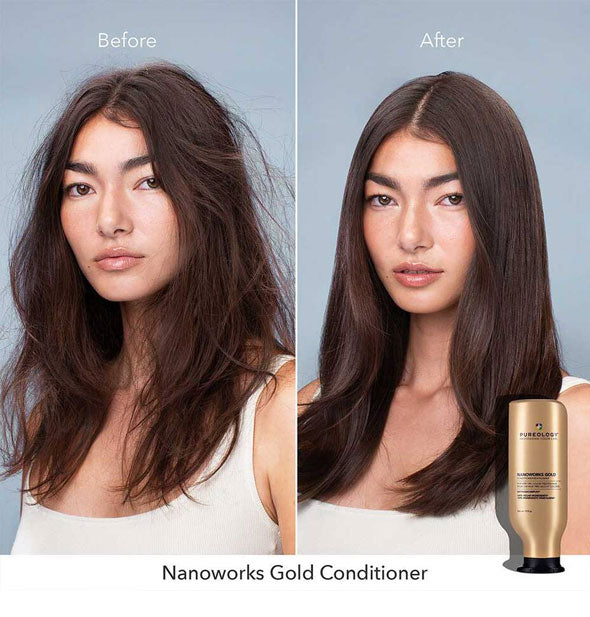 Before and after results of using Pureology Nanoworks Gold Conditioner