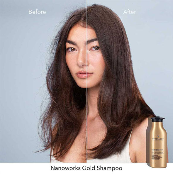 Before and after results of using Pureology Nanoworks Gold Shampoo