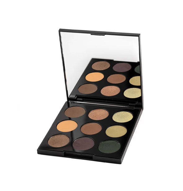 Square black mirrored eyeshadow palette with nine shades in earthy browns and greens