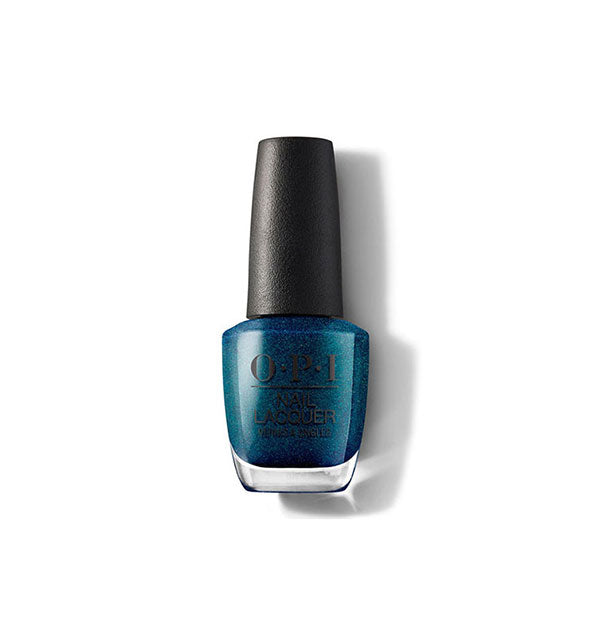 Bottle of OPI Nail Lacquer in a dark teal, shimmery shade