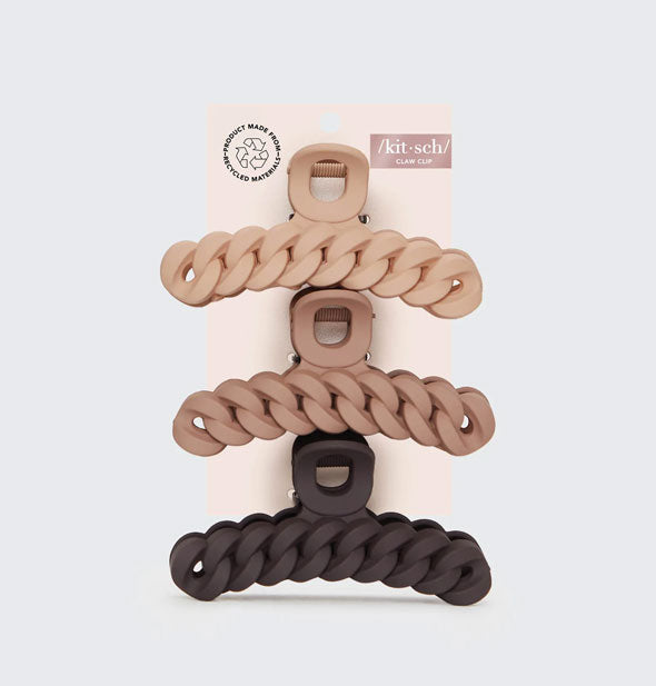 Pack of three hair clips featuring a braided/chain design in warm, neutral shades with a matte finish on a light pink Kitsch product card