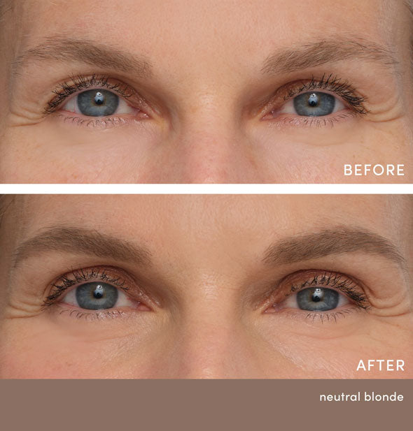 Model's eyebrows before and after applying Jane Iredale PureBrow Precision Pencil in Neutral Blonde