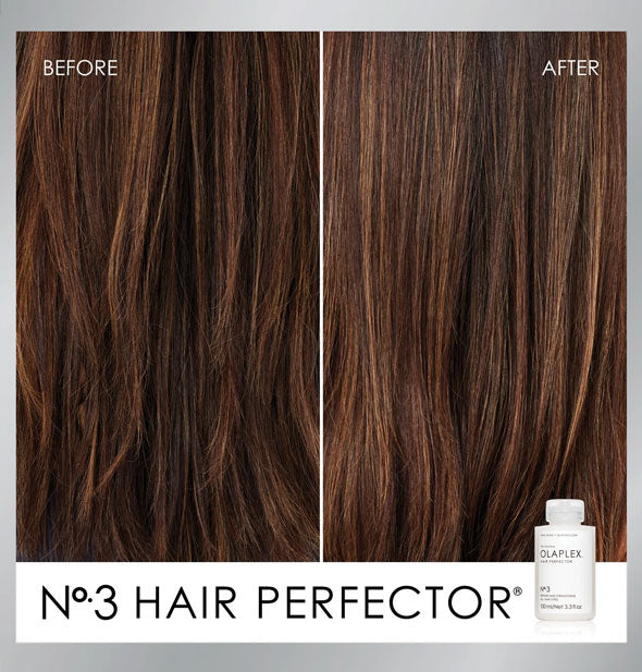 Hair before and after using Olaplex No.3 Hair Perfector
