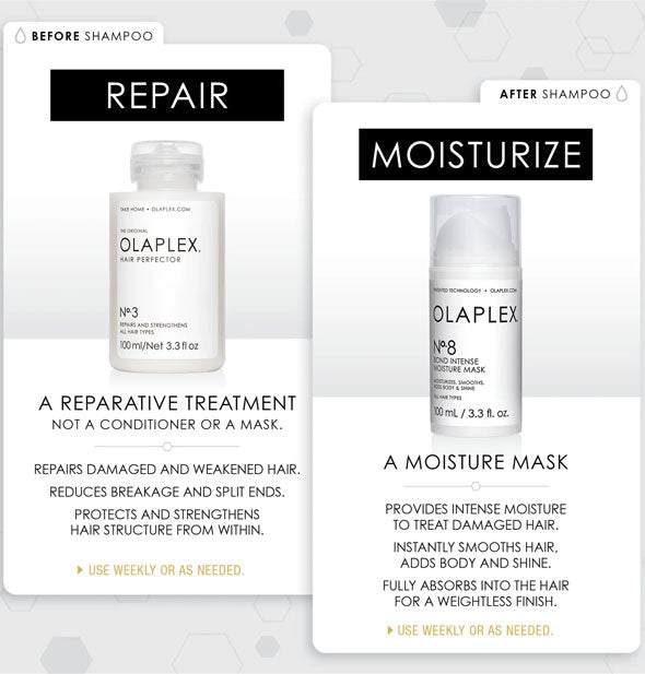 Repair with Olaplex No. 3 Hair Perfector; Moisturize with Olaplex No. 8 Bond Intense Moisture Mask