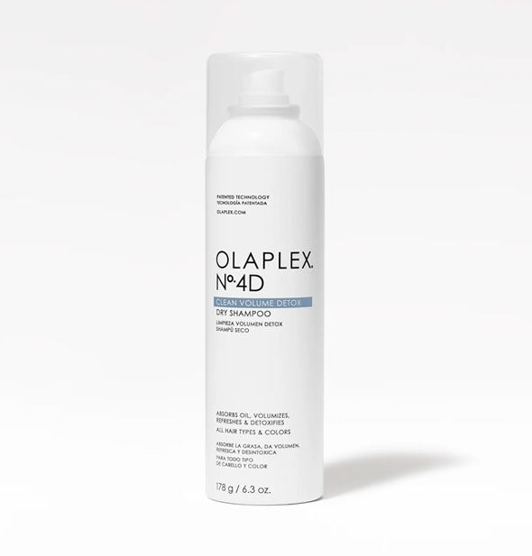 White 6.3 ounce can of Olaplex No. 4D Clean Volume Detox Dry Shampoo