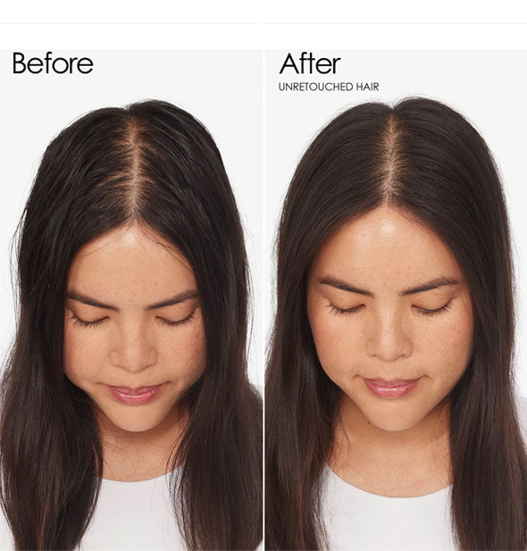 Unretouched side-by-side comparison of model's hair before and after using Olaplex No. 4D Clean Volume Detox Dry Shampoo