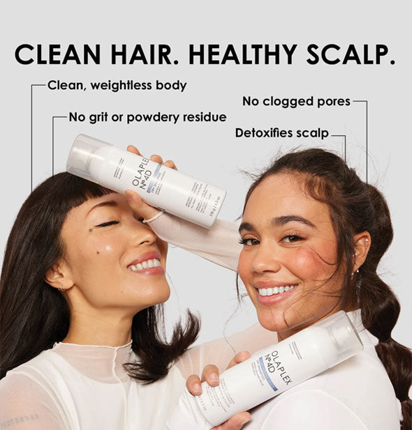 Smiling models hold cans of Olaplex No. 4D Clean Volume Detox Dry Shampoo under its listed key benefits