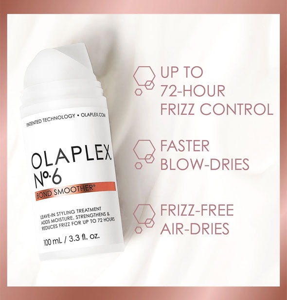 Olaplex No. 6 Bond Smoother bottle is labeled, "Up to 72-hour frizz control; Faster blow-dries; Frizz-free air-dries"