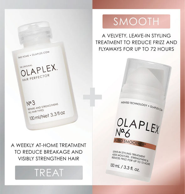 Bottle of Olaplex No. 3 Hair Perfector to treat and a bottle of Olaplex No. 6 Bond Smoother to smooth with key benefits for each labeled
