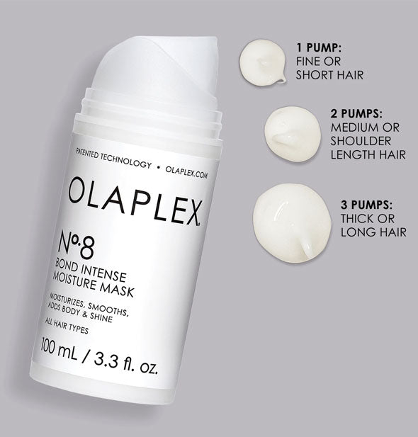 Bottle of Olaplex No. 8 Bond Intense Moisture Mask is labeled with pump sizes for corresponding hair needs