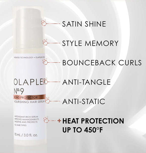 A bottle of Olaplex No. 9 Bond Protector Nourishing Hair Serum is labeled, "Satin shine, style memory, bounceback curls, anti-tangle, anti-static, heat protection up to 450°F"