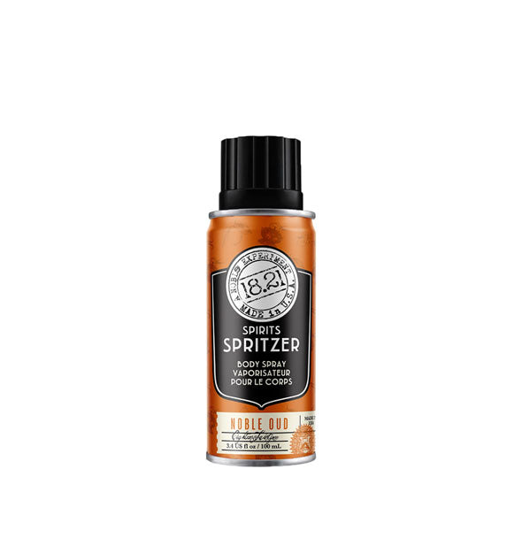 3.4 ounce orange, black, and white can of 18.21 Man Made Spirits Spritzer Body Spray in Noble Oud fragrance