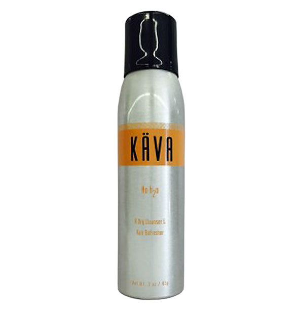 SIlver can of Kava No H2O dry shampoo with orange accents and black cap