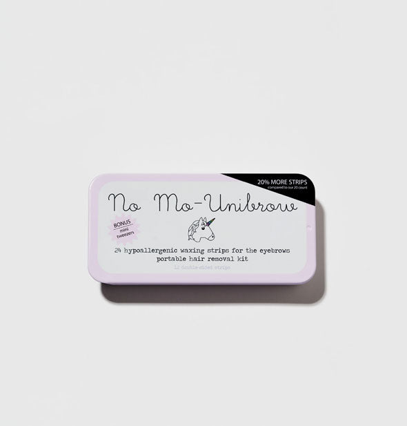 Rectangular No Mo-Unibrow wax strips tin with black lettering and unicorn graphic