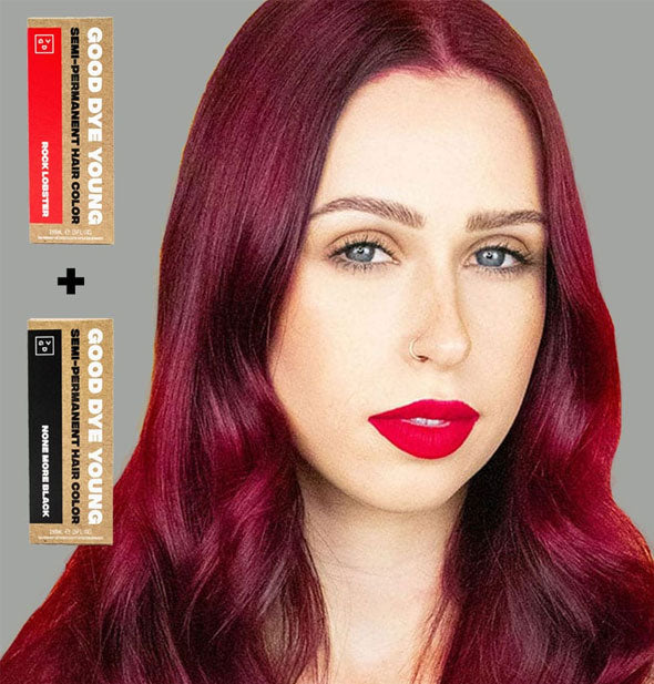 Model with burgundy-colored hair demonstrates combining Good Dye Young Semi-Permanent Hair Color shades Rock Lobster and None More Black additive