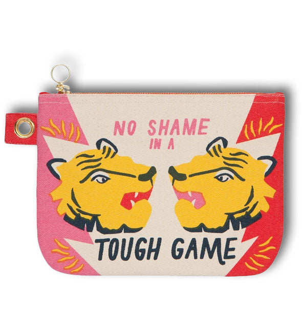 Pouch with tiger illustration, metal zipper pull, and grommet tab