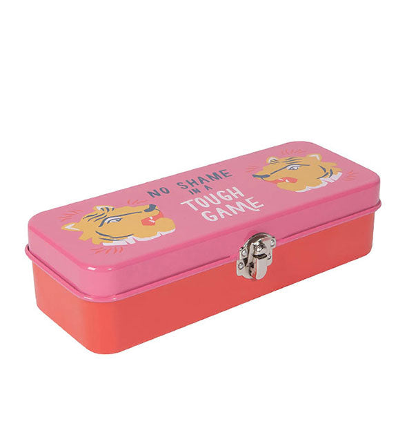 Pink and red rectangular metal box with clasp and illustrated lid