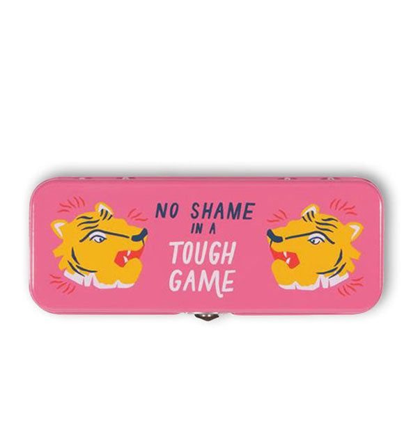 Rectangular pink box with angry tigers illustration and the phrase, "No shame in a tough game."