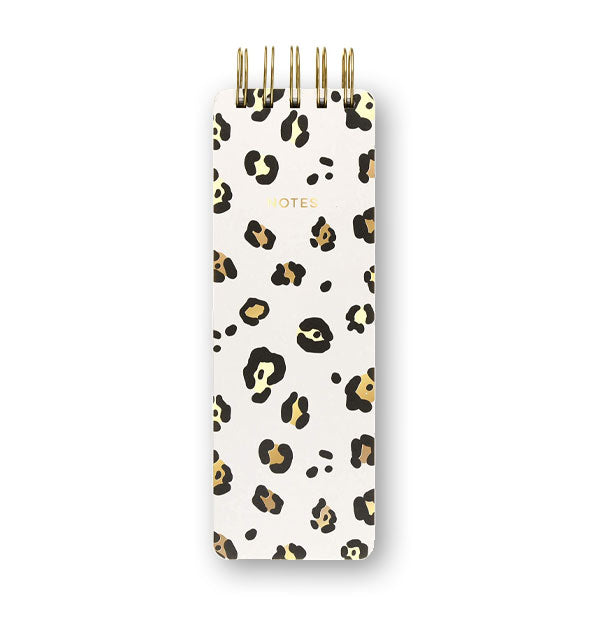 Long rectangular note pad with twin ring spiral binding, white cover with black and gold leopard print, and "Notes" printed in metallic gold lettering near the top