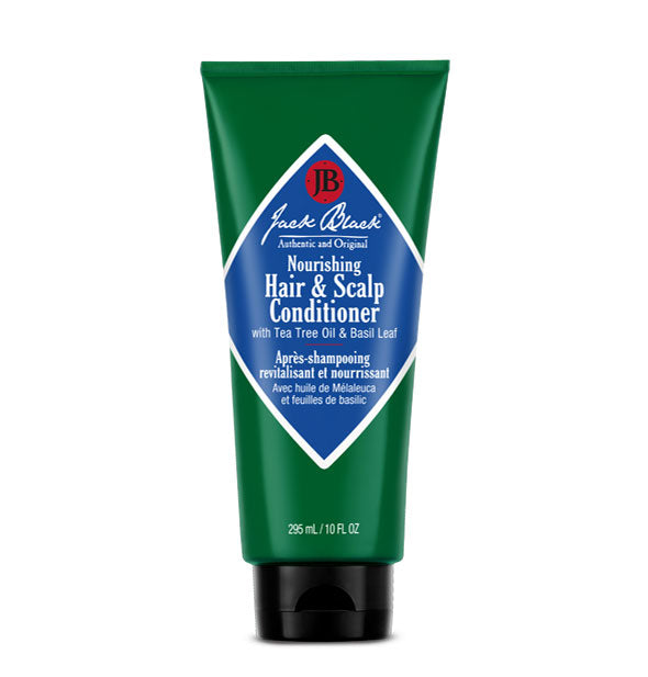 Green 10 ounce bottle of Jack Black Nourishing Hair & Scalp Conditioner with blue, white, and red label and black cap